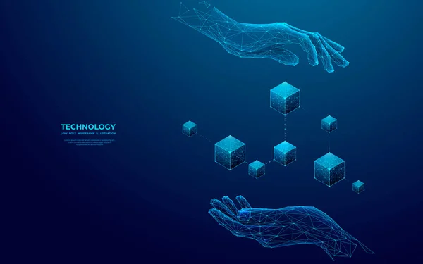 Abstraktní Digitální Ruce Držící Hologram Ikony Blockchain Futuristickém Stylu Nízkého — Stockový vektor