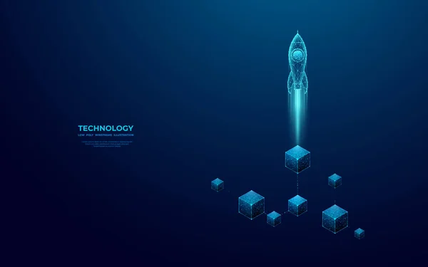 在蓝色技术背景下 通过链接块进行数字火箭发射 未来主义加密货币概念 低的多线框矢量说明 多角形现代风格的宇宙飞船 — 图库矢量图片