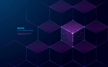 Mor renkli koyu menekşe altıgen teknoloji soyut vektör arkaplanı. Dijital engelleme zinciri kavramı. Bal peteği olarak birbirine bağlı bloklar ya da küpler. Düşük polyester telli fütüristik stil. Çokgen sanat