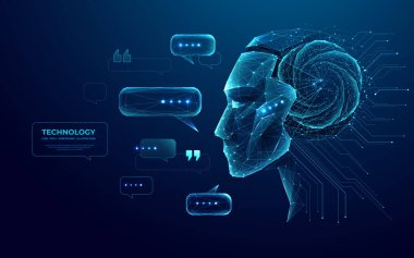 İnsansı robot androidin fütüristik düşük poligramlı konuşma üslubuyla soyut kafası. Aseksüel robot ya da sayborga yakından bakın. Chatbot ve Yapay Zeka kavramı.
