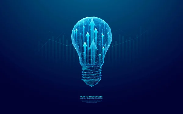 数字灯泡和成长的箭头 创业和企业发展的概念 技术蓝色背景上的未来主义低多线框矢量图解 多边形或折纸风格 — 图库矢量图片