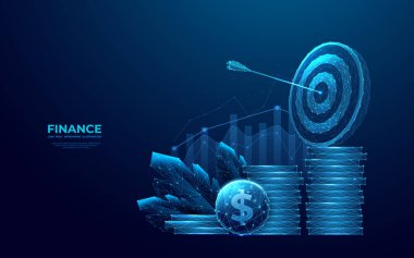 Abstract finance successful concept. Digital target, coins, and growth chart on blue technology background. Eco economics metaphor. Low poly wireframe futuristic style. Geometry vector illustration. clipart