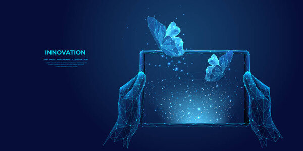 Цифровые синие бабочки вылетают с экрана устройства. Аннотация крупным планом с планшетом в руках. Инновационная концепция. Футуристическая низкополифреймовая векторная иллюстрация. Рентгеновская голограмма
