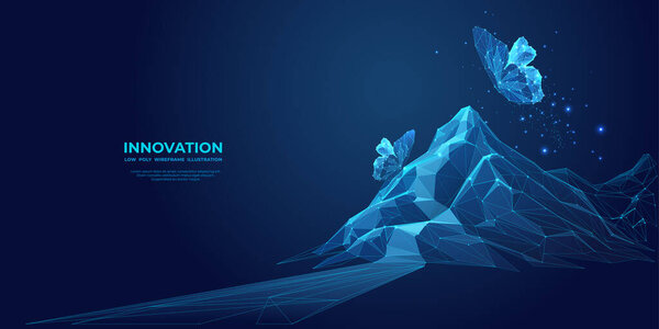 Абстрактные бабочки летают над цифровыми горами. Концепция успеха бизнеса. Метафора технологических инноваций. Футуристическая низкополифреймовая векторная иллюстрация на темно-синем фоне. Путь к вершине.