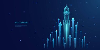 Dijital büyüme okları yukarı ve koyu mavi teknoloji arka planında soyut roket fırlatma. Parlak noktalar ve çizgiler. Hızla büyüyen kavramların geliştirilmesi. Düşük poli kablo vektör çizimi.