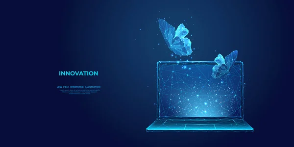 Abstrato Borboletas Holograma Flutter Sobre Laptop Conceito Inovação Liberdade Empresarial — Vetor de Stock