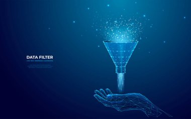 Soyut dijital el bir huni hologramını tutuyor. Büyük veri konsepti. Teknoloji veri filtresi. Veri akışı. Mavi arkaplanda gelecekçi düşük polimerli kablo grafiği çizimi.