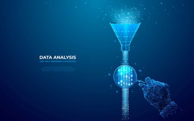 Veri akışına sahip soyut huni ve koyu mavi arka planda büyütme. Veri analiz konsepti. Dijital internet dalgası ya da akışı. Fütüristik tarzda düşük poli kablo vektör çizimi.