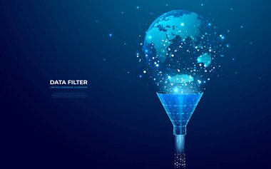 Veri akışına sahip soyut huni ve koyu mavi teknoloji arka planında dünya küresi. Küresel ağ metaforu. Büyük veri konsepti. Fütürist hologram tarzında düşük poli kablo vektör çizimi.