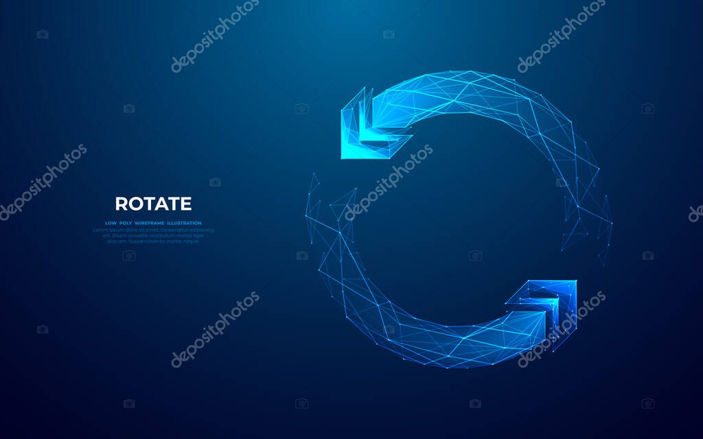 Abstract two arrows go around on a dark blue background. Digital exchange and money transfer concept. Low poly wireframe vector illustration in futuristic hologram style. Polygonal recycle symbol.