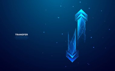 Teknolojinin koyu mavi arka planında soyut dijital iki ok. Değişim ve transfer konsepti. Fütürist hologram tarzında düşük poli kablo vektör çizimi. Çokgen hız okları.