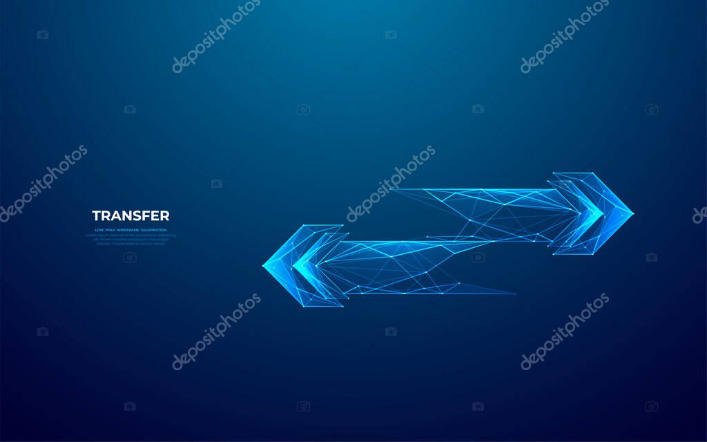 Abstract digital two left-right arrows within futuristic low poly style on a technology dark background. Data receive concept. Polygonal reverse arrows in blue hologram style. Vector illustration.