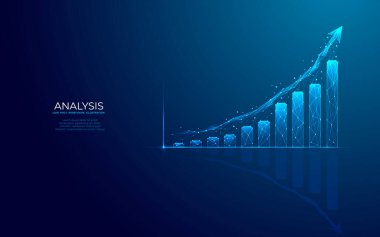 Teknoloji mavisi arka planında ok olan dijital büyüme grafiği. İş ve finansal konsept. Borsa ve yatırım sembolü. Fütürist tarzda düşük poli kablo vektör çizimi.