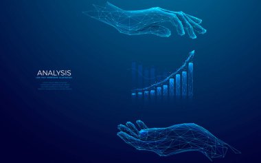 İş adamı elinde büyüme grafiklerinin hologramını tutuyor. Borsa dijital konsepti. Yukarı ok ile soyut histogram. Fütürist açık mavi stilde düşük poli kablo vektör çizimi.