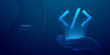 Karanlık teknoloji arka planında fütüristik açık mavi tarzda dijital programlama sembolü tutan soyut el. Java betiği ve yazılım geliştirme kavramı. Düşük poli kablo vektör çizimi