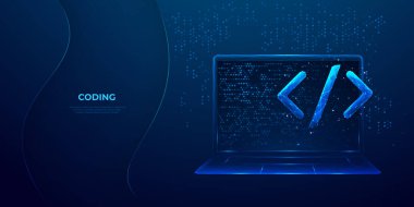 Bir dizüstü bilgisayardaki soyut programlama kodu simgesi açık mavi düşük poliürel teknoloji arka planında. Program ve yazılım geliştirme. Dijital web kodu. Çokgen vektör çizimi.