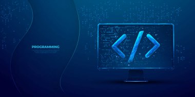 Bilgisayar ekranındaki dijital programlama kodu. Koyu mavi teknoloji arka planında soyut yazılım veya web geliştirme kavramı. Uygulamanın geliştirilmesi. Düşük poli kablo vektör çizimi
