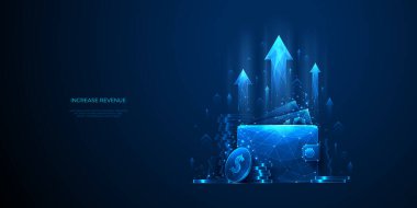 Nakit ve Dolarlık Paralı Dijital Cüzdan. Gelir Metaforunu Artır. Blue Technology 'nin Arkaplanda Büyüyen Oklar. Low Poly Wireframe Vektör İllüstrasyonu. Çokgen İş ve Finans Konsepti.