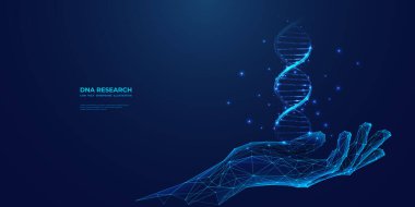 Abstract hologram of DNA helix in a hand on a blue background. Digital hand-holding double helix in futuristic light monochrome low poly wireframe style. Medical, science concept. Vector illustration. clipart