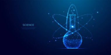 Bilim kimyası konsepti. Soyut çokgen laboratuvar tüpü ve atom sembolü 3 boyutlu. Mavi teknoloji arka planında dijital bilimsel matara ve nükleer molekül. Kimyasal vektör çizimi.