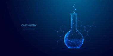 Bilim kimyası konsepti. Kimyasal formüllü mavi arka plan üzerinde çokgen laboratuvar tüpü. Dijital laboratuvar testi. Bilim ya da tıp geçmişi. 3B efektli soyut vektör çizimi.