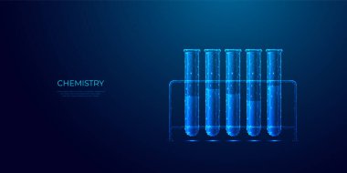 Soyut çokgen test tüpü rafı mavi arka planda geleceksel teknoloji tarzında. Kimyasal laboratuvar poli ikonu. Bilim ve kimya konsepti. İlaç için cam laboratuvar şişesi. 3B vektör illüstrasyonu.