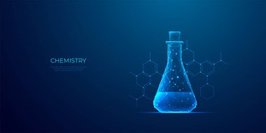 Soyut kimya laboratuvar tüpü. Düşük polimer laboratuvar araştırması, kimyasal formüllü mavi teknoloji arka planında tıbbi deney şişesi. 3D hologram efektli dijital geleceksel çokgen vektör çizimi.