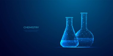 Soyut üç boyutlu kimya laboratuvarı tüpü. Bilim, tıp, eğitim kavramları. Kimyasal deney şişesi ve matara. Laboratuvar işaretleri. Dijital teknoloji fütüristik tarzı. Mavi arkaplanda çokgen vektör çizimi