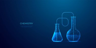 Kimya ekipmanları. Gözlük tüplü, soyut laboratuvar deney şişeleri. Bilim ya da eğitim kavramı. Teknoloji arka planında çokgen telgraf şeklinde tıbbi laboratuvar test tüpleri. Vektör İllüstrasyonu.