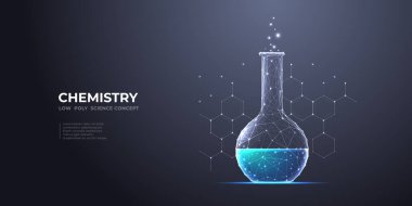 Mavi sıvı ve kimya moleküllü soyut laboratuvar şişesi. Bilim ve eğitim konsepti. Karanlık arka planda çokgen cam test tüpü. Teknolojide düşük polyester kablo vektör çizimi