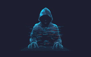 Soyut dijital hacker. Siber güvenlik kavramı. Kapüşonlu ve bilgisayarın önünde gizli bir yüzü olan bir adam. Siber saldırı ve veri hackleme. Sahtekar adam. 3B Vektör çokgen kablo çizimi.