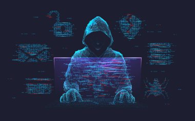 Dolandırıcılık ya da dolandırıcılık geçmişi. Programcı kodlu monitör hologramının arkasındaki soyut hacker. Arka planda siber suç simgeleri var. Siber saldırı, bilgisayar korsanlığı, siber güvenlik kavramı. Vektör illüstrasyonu