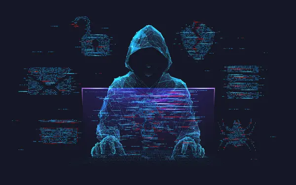 Fraude Escroquerie Pirate Abstrait Derrière Hologramme Moniteur Avec Code Programmeur Illustration De Stock