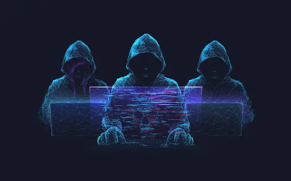 サイバー攻撃やサイバーセキュリティの概念 抽象的なデジタルハッカーチームがシステムをハッキングしています 詐欺とインターネット犯罪の多角的概念 ベクター3Dイラスト テクノロジー未来的な背景 ストックベクター
