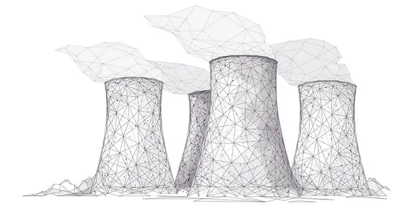 原子力発電所スケッチ 抽象多角型原子炉を分離した ポーリングエネルギー 業界のコンセプト 現代の低ポリワイヤーフレーム様式の植物 または工場 ベクトルイラスト ベクターグラフィックス