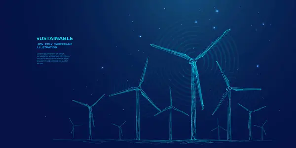 多角形風力発電について 風力タービン農園の風景 抽象技術未来的な3Dウインドミルパーク 電気ブルーの背景に持続可能なエネルギー 低ポリデジタルワイヤーフレームベクトルイラスト ストックベクター