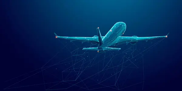 抽象的なデジタル飛行機 飛行機は遠くへ飛んでいる 夜空の幾何学的な多角形の飛行機 エアライン技術の背景 旅行とバケーションのコンセプト 3Dベクターイラスト ロイヤリティフリーのストックイラスト