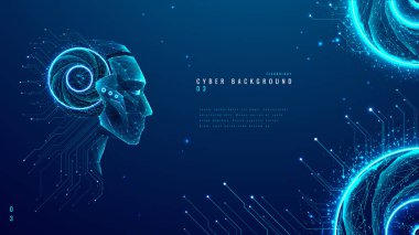  Teknoloji arka planında açık mavi renkli yapay zeka robotu. Chatbot veya yapay zeka konsepti. Devreli yapay zeka cyborg yüzü, kuantum işlemcisi ya da kafasının içindeki çip. Vektör illüstrasyonu.