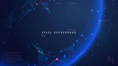 Düşük poligramlı kablo elementleri olan soyut teknoloji geçmişi. Uzay teknolojisinin mavi arka planı. Karanlık teknoloji bg. Dış uzayda çokgen dijital gezegen. Yapay zeka teknolojisi. Vektör illüstrasyonu