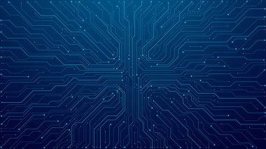 Karanlık teknoloji arka planında mavi renkli ince devre çizgileri. Soyut dijital teknoloji bg. Elektronik ve bilgisayar teknolojisi konsepti. Çip ve devre kartı. Vektör çizimi. Çip bağlantıları.