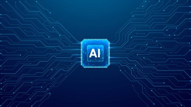 Koyu mavi teknoloji bg üzerinde devre elemanları olan soyut yapay zeka çokgen çipi. Bir devre kartı ve açık mavi yarı iletken. Yapay zeka mikroçipi mesaj için yeri olan teknolojik bg 'de. Dijital vektör illüstrasyonu. 