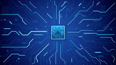 Teknoloji devre kartında parlayan pikselleri olan soyut işlemci çipi. Anakart üzerindeki dijital yarı iletken ya da bilgisayar işlemcisi. Teknoloji laboratuvarı. Elektronik ve Bilgisayar konsepti. Hafif vektör illüstrasyonu
