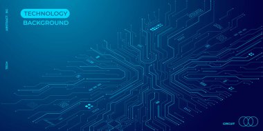 Mavili Isometric devre arkaplanı. Teknoloji devre kartı geçmişi. Yapay zeka çipi, elektronik elementler ve bağlantılı noktalar. Veri teknolojisi. Soyut vektör çizimi. Gelecekçi bilgisayar tasarımı