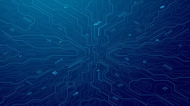 Mavi arka planda soyut teknoloji devre kartı. Dijital izometrik teknolojik bg. Bilgisayar devre ana kartı. Veri ve elektronik konsepti. Vektör çizimi. Gelecekçi işlemci arkaplanı.
