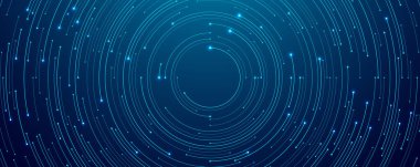 Soyut teknoloji çemberi devre arkaplanı. Büyük veri ve yapay zeka konsepti. Teknolojik bg üzerinde ışık noktaları olan ince çizgiler. Ağ düzeni. Karanlık zemin üzerinde dijital bilgisayar yenilik afişi. Vektör illüstrasyonu