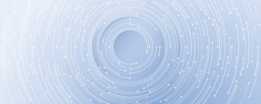 Açık mavi anakart üzerinde beyaz daire devre kabloları olan gelecekçi teknoloji arka planı. Yapay zeka çipi ya da yarı iletken konsepti. Soyut teknolojik bg. Modern web afişi. Dijital vektör illüstrasyonu.