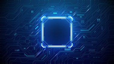 Teknoloji kuantum mavi portalı. Ana kartta ince çizgili parlak kablolar var. Teknoloji geçmişi. Ai çipi konsepti. Soyut ışık neon kare çerçeve HUD. Bilgisayar dijital bg. Vektör illüstrasyonu