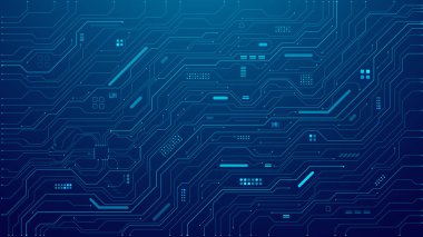 Soyut yapay zeka devre kartı arka planı. Teknik ekip mavi çizgileri elektronik elementlerle birleştirdi. Mavi teknoloji arka planı. Çipi, işlemcisi ve yarı iletkeni olan bir bilgisayar anakart. Vektör illüstrasyonu
