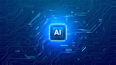 Teknoloji geçmişi. Soyut teknoloji mavi fon. Devre kartının ortasındaki yapay zeka çipi ya da yarı iletken. Dijital bg. Veri ve bilgi. Bilgisayar konsepti. Vektör illüstrasyonu. 