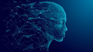 İnsansı robot yüzü yan yan bakıyor. Çizgiler ve noktalardan oluşan ve ayrı parçacıklara ayrılan soyut bir insan kafası. Al yenilik konsepti. Düşük polyester kablo vektörü.